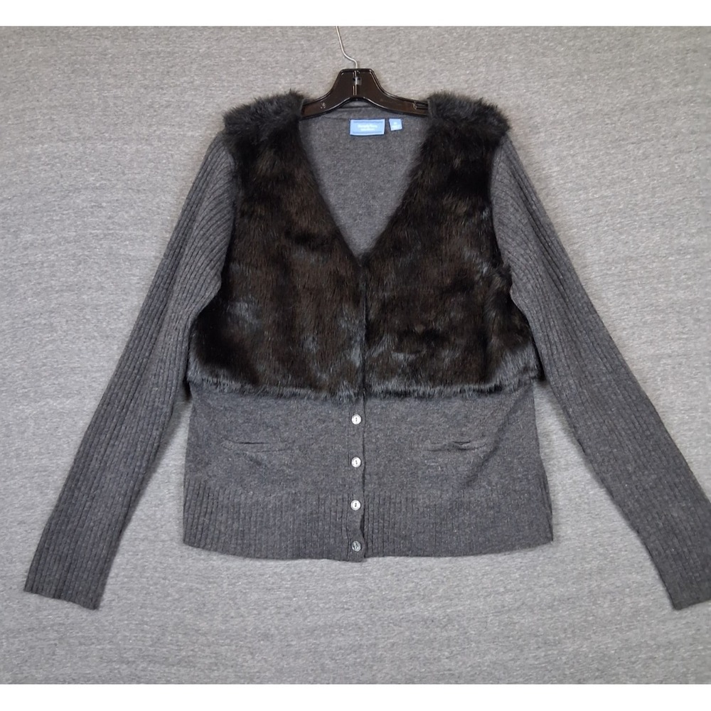 Simpy Vera Womens Sweater XL Gray Faux Fur Wool Blend Cardigan Mob Wife Preppy